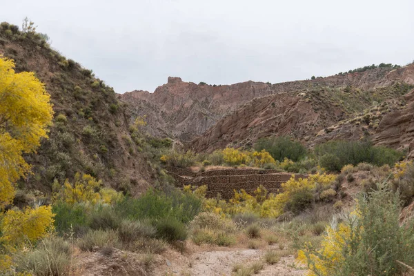 Güney İspanya 'nın dağlık arazisi, dağlar aşırı derecede aşınmış, yarı çöl bölgesi, taşlar ve çalılar var ve gökyüzü bulutlu.