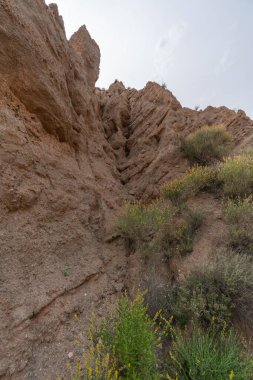 Dağlık araziler ve Güney İspanya 'da ağır aşınmalar var. Çalı bitkileriyle çorak topraklar, gökyüzü bulutlu.