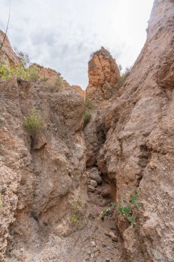 Dağlık araziler ve Güney İspanya 'da ağır aşınmalar var. Çalı bitkileriyle çorak topraklar, gökyüzü bulutlu.