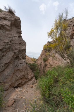 Dağlık araziler ve Güney İspanya 'da ağır aşınmalar var. Çalı bitkileriyle çorak topraklar, gökyüzü bulutlu.