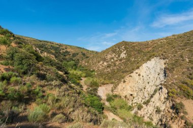 İspanya 'nın güneyindeki dağlık arazide ağaçlar ve çalı bitkileri var. Gökyüzünde çok az bulut var.