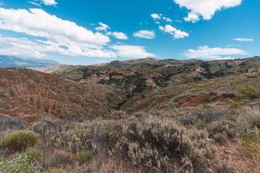 İspanya 'nın güneyinde bitki örtüsüyle dağlık bir arazi, gökyüzü bulutlarla mavidir.