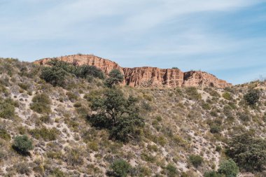 Güney İspanya 'da bol bitki ve ağaçla aşınmış dağ, gökyüzü çok az bulut ile berrak.