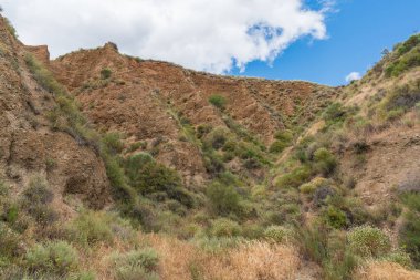 Geniş çalı bitkileriyle dağlık vadiler. Gökyüzü beyaz bulutlarla temiz.