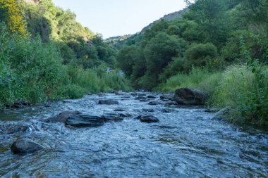 İspanya 'nın güneyindeki bir nehirde bol bitki örtüsü, nehir suyu taşıyor, nehir yatağında taşlar var, gökyüzü açık, ağaçlar var ve dağ yamacında küçük bir kasaba var.