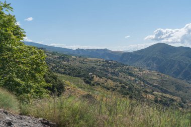 Güney İspanya 'nın dağlık arazisi, dağ bitki örtüsüyle kaplı ve gökyüzünde bulutlar var.