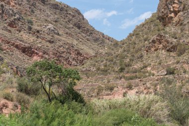 Güney İspanya 'nın dağlık arazisi, dağ bitki örtüsüyle kaplı ve gökyüzünde bulutlar var.