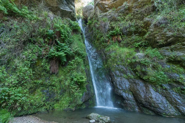 南スペインの川の滝は 岩壁に草があり 地面に石があります — ストック写真