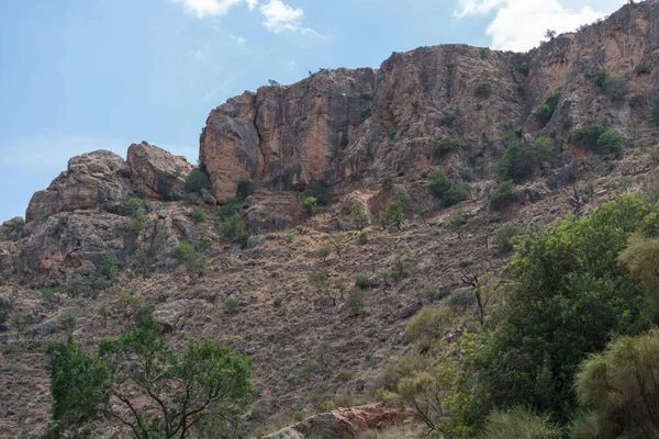 Paisagem Montanhosa Sul Espanha Montanha Arbustos Árvores Céu Tem Nuvens — Fotografia de Stock