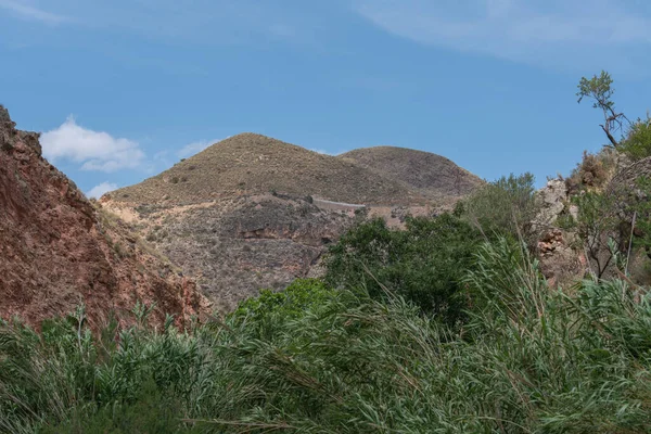 Ορεινό Τοπίο Στη Νότια Ισπανία Στα Βουνά Υπάρχουν Θάμνοι Και — Φωτογραφία Αρχείου