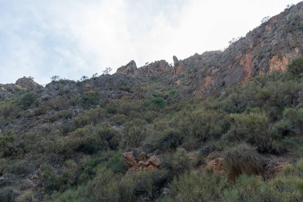 Paisaje Montañoso Sur España Hay Arbustos Ladera Cielo Tiene Pocas — Foto de Stock