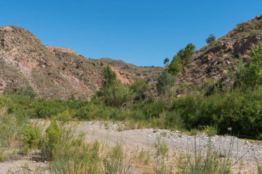 Güney İspanya 'nın dağlık arazisi. Sazlık ve ağaçların bol olduğu bir nehir var. Gökyüzü açık.