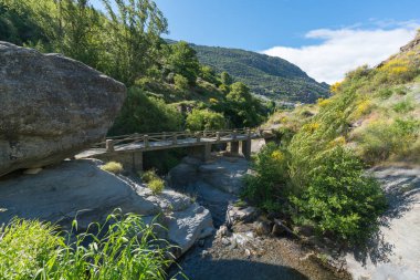 İspanya 'nın güneyinde bir nehir köprüsü var, bir şelale var, ağaçlar ve çalılar var.