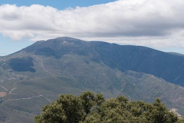 Güney İspanya 'nın dağlık arazisi, dağ ağaçlar ve çalılarla kaplı, dağ yamacında büyük bir kaya var, gökyüzü bulutlu