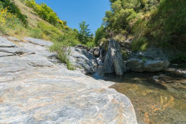 Bitkilerle çevrili kristal nehir, nehir yatağında taşlar var, ağaçlar ve çalılarla kaplı dağlık bir alan, gökyüzü açık.