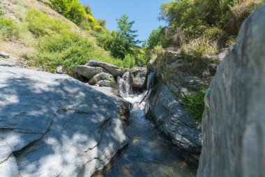 Yüksek bir dağ nehrinden akan su, büyük kayalar, bitki örtüsü, su kristal berraklığında.
