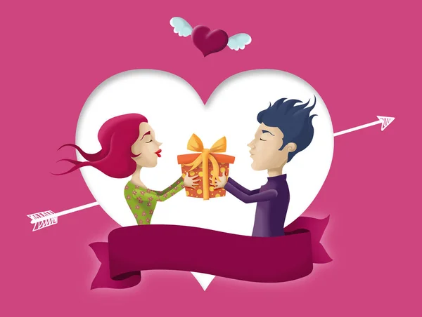 Verliebtes Paar Valentinstag Mit Geschenk Und Herz Dahinter Mit Amor — Stockfoto