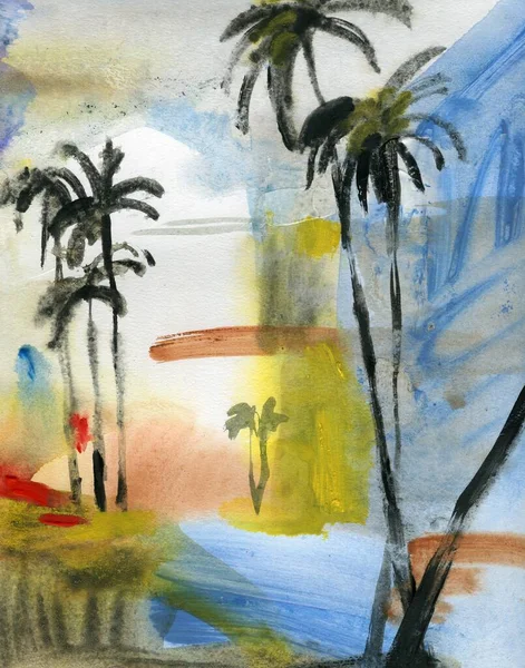 Hand Painted Acrylic Decorative Palm Trees Landscape Artwork — Stock Photo, Image