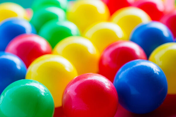 close-up of various colored balls with blurred background. Useful as a background to advertise children's games. Horizontal view