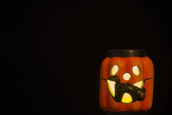 Pumpkin Shaped Halloween Lantern Black Cat Coming Out Lots Chocolate — Stock Photo, Image