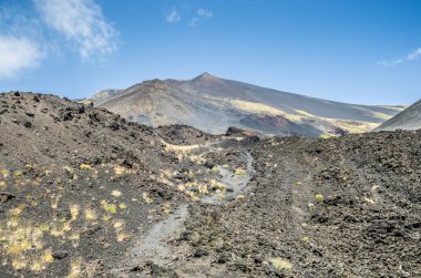 Panoramik Yanardağı Etna karşı yoğun bir mavi gökyüzü. Yatay görüntüleme Merkezi krater. İnsanlar zirveye tırmanmaya çalışan bir satır. Dikey görünüm