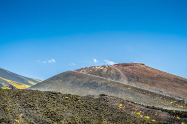 Panoramik Yanardağı Etna karşı yoğun bir mavi gökyüzü. Yatay görüntüleme Merkezi krater. İnsanlar zirveye tırmanmaya çalışan bir satır. Dikey görünüm