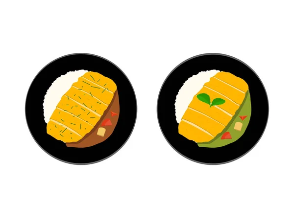 Vista Superior Tonkatsu Arroz Curry Con Cerdo Frito Arte Vectorial — Vector de stock