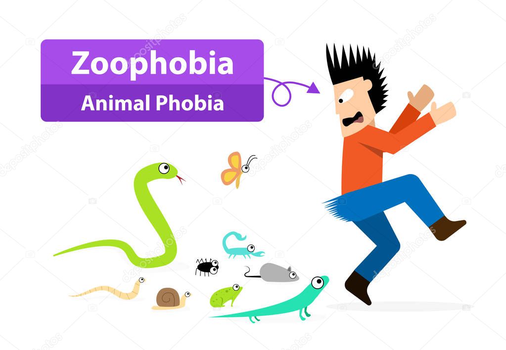Zoophobia man shocked when see the animals, vector art