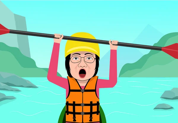 Mujer Mayor Divirtiéndose Rafting Acuático Arte Vectorial — Vector de stock