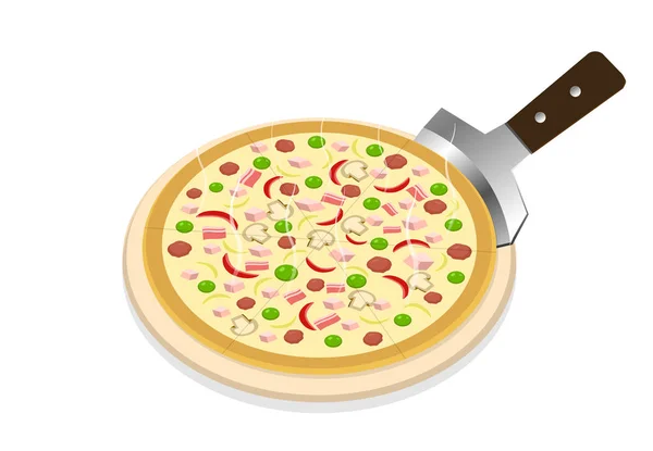 Perspectief, pizza op houten dienblad op wit, Vector — Stockvector