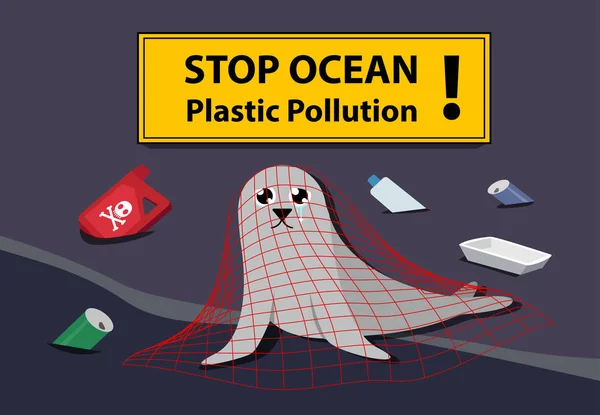 Triste phoque collé filet en plastique en mer vecteur de pollution — Image vectorielle