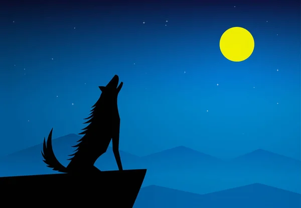 Wolf howling on top of mountain at full moon night — Stock Vector