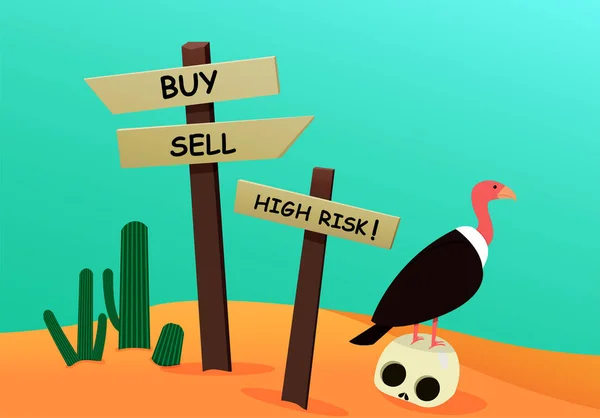 Investisseur cadavre dans le désert avec pancarte, vautour — Image vectorielle