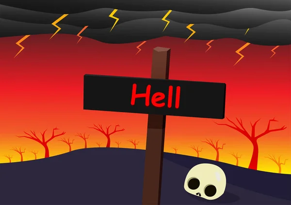 Paisagem do inferno com poste de sinalização, crânio e strom — Vetor de Stock