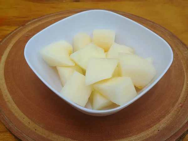 Délicieux Morceaux Melon Dans Bol Carré — Photo