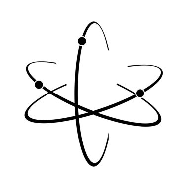 Atom simgesi. Vektör çizimi. Bilimin, eğitimin, nükleer fiziğin, bilimsel araştırmaların sembolü. Üç elektron atomik çekirdeğin yörüngesinde döner. Temel parçacık tasarımı kavramı.