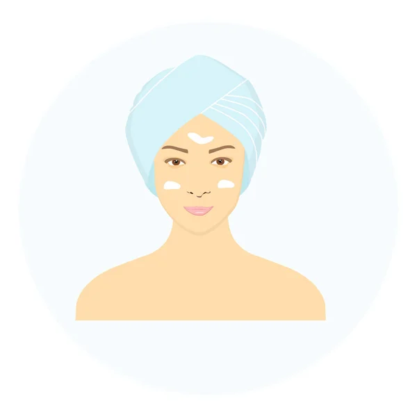 Vektor Illustration Vacker Kvinna Med Ansiktsmask Gurkskivorna Ansiktet Steg Hur — Stock vektor