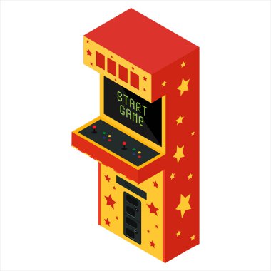 Vektör izometrik retro Atari oyun makinesi. Metin başlangıç oyun simgesi ile oyun makinesi
