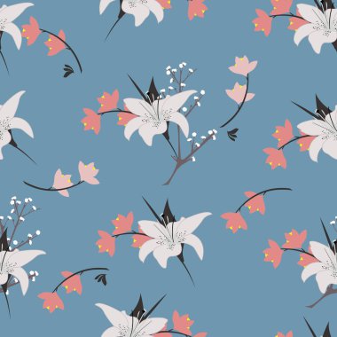 Trendy çiçek desenli çiçek birçok tür. Tropikal Botanik motifleri rastgele dağılmış. Sorunsuz vektör doku. Mavi arka plan üzerinde elinde çizilmiş tarzı ile yazdırma.