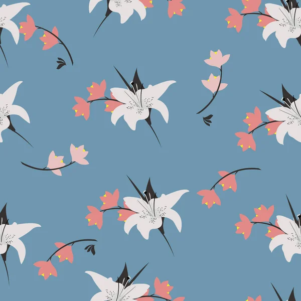 Trendy çiçek desenli çiçek birçok tür. Tropikal Botanik motifleri rastgele dağılmış. Sorunsuz vektör doku. Mavi arka plan üzerinde elinde çizilmiş tarzı ile yazdırma.