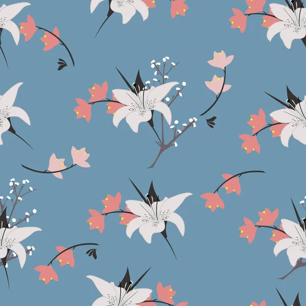 Trendy çiçek desenli çiçek birçok tür. Tropikal Botanik motifleri rastgele dağılmış. Sorunsuz vektör doku. Mavi arka plan üzerinde elinde çizilmiş tarzı ile yazdırma.