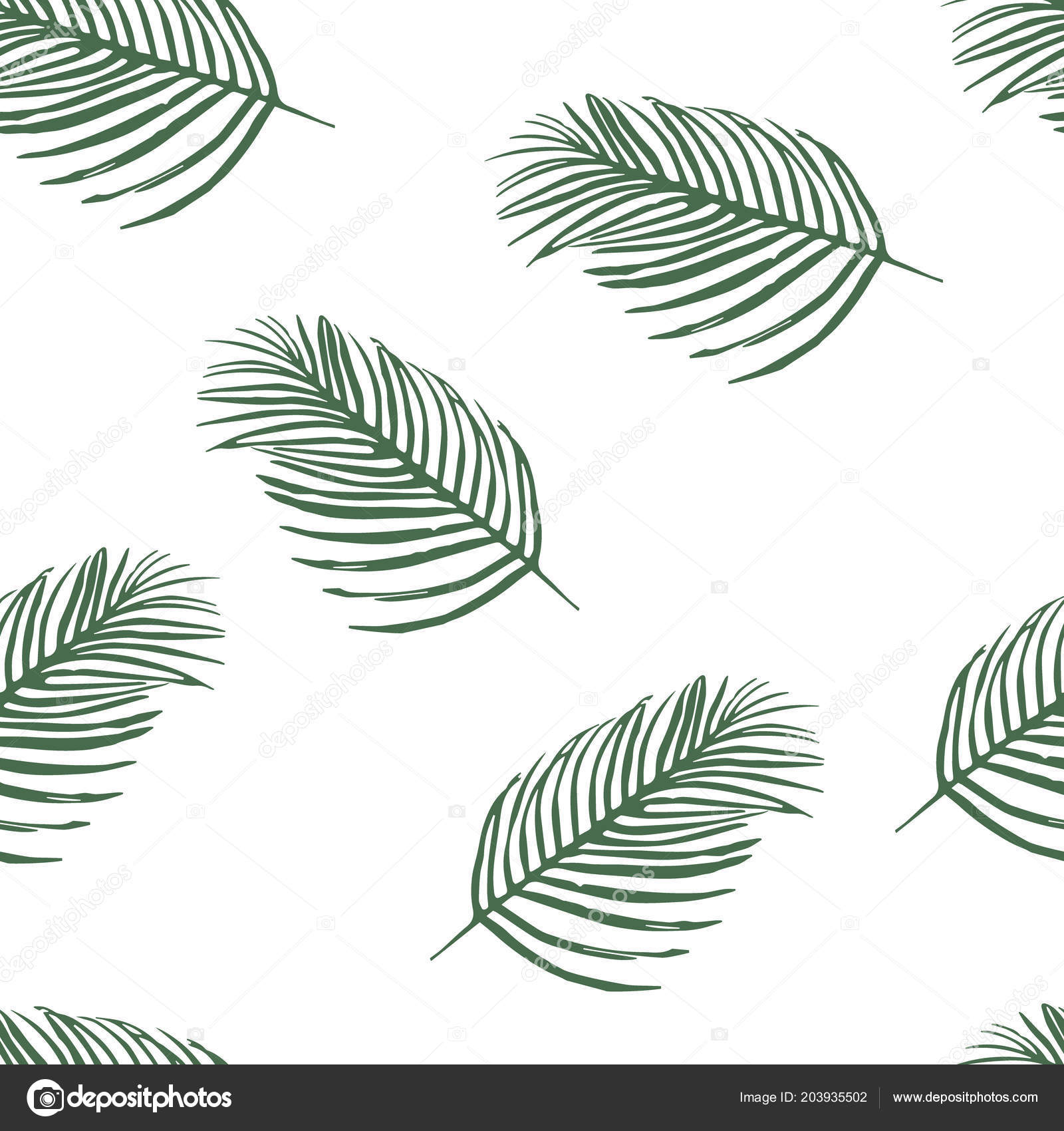 Green Palm Tree Leaves Silhouette White Background Raster Seamless ...