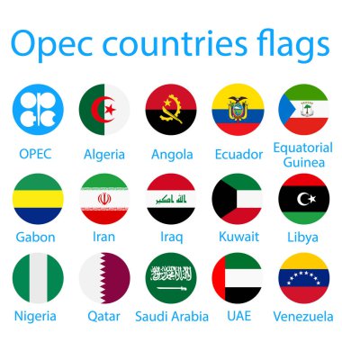 Raster illüstrasyon simge seti, Opec üyeleri ülke bayraklarıyla adları topluluğu. 14 üye bayrakları Opec bayrak