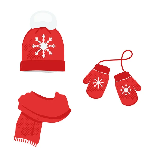 Κόκκινο Χειμωνιάτικα Ρούχα Νιφάδα Χιονιού Πλεκτό Καπέλο Κασκόλ Και Γάντια — Φωτογραφία Αρχείου