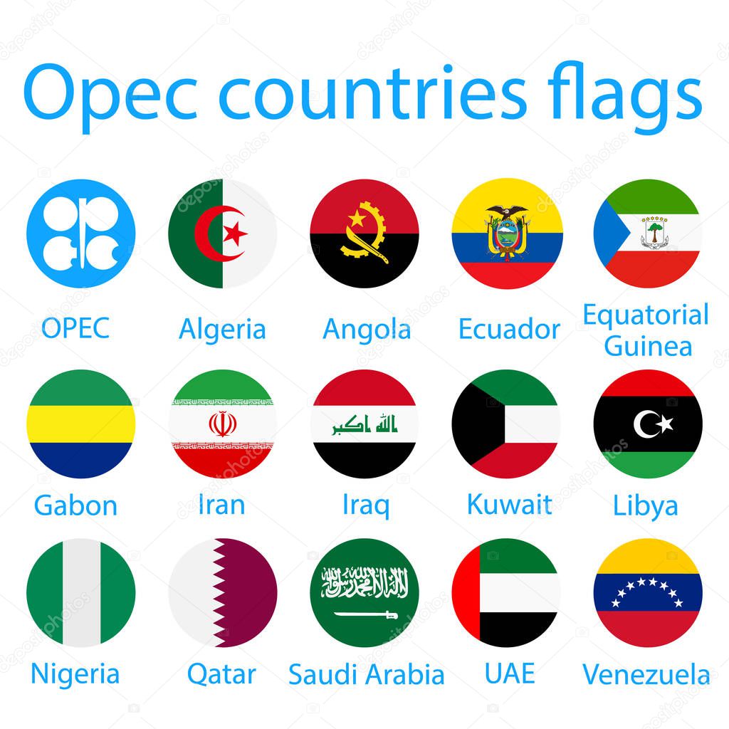 Raster illustration icon set, collection of OPEC members countries flags with names. 14 members flags OPEC flag