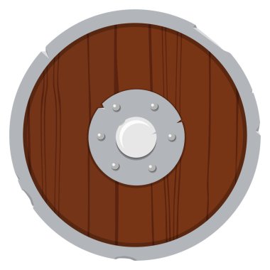 Beyaz arka plan üzerinde izole raster illüstrasyon ahşap viking kalkanın. Yuvarlak antik kalkan