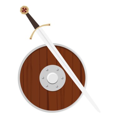 Raster illüstrasyon ahşap viking kalkanı ve kılıcı beyaz arka plan üzerinde izole. Yuvarlak antik kalkan