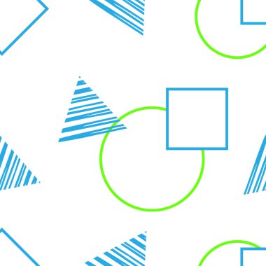 Üçgen, kare ve daire ile soyut geometrik desen. Raster arka plan. Mavi ve yeşil doku