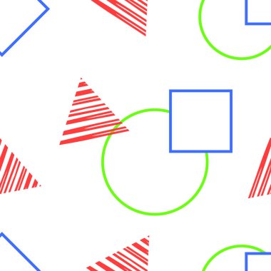 Üçgen, kare ve daire ile soyut geometrik desen. Raster arka plan. Mavi, kırmızı ve yeşil doku