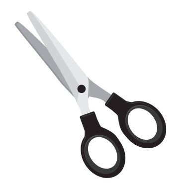 Raster illustration open scissor with plastic black handles isolated on white background clipart